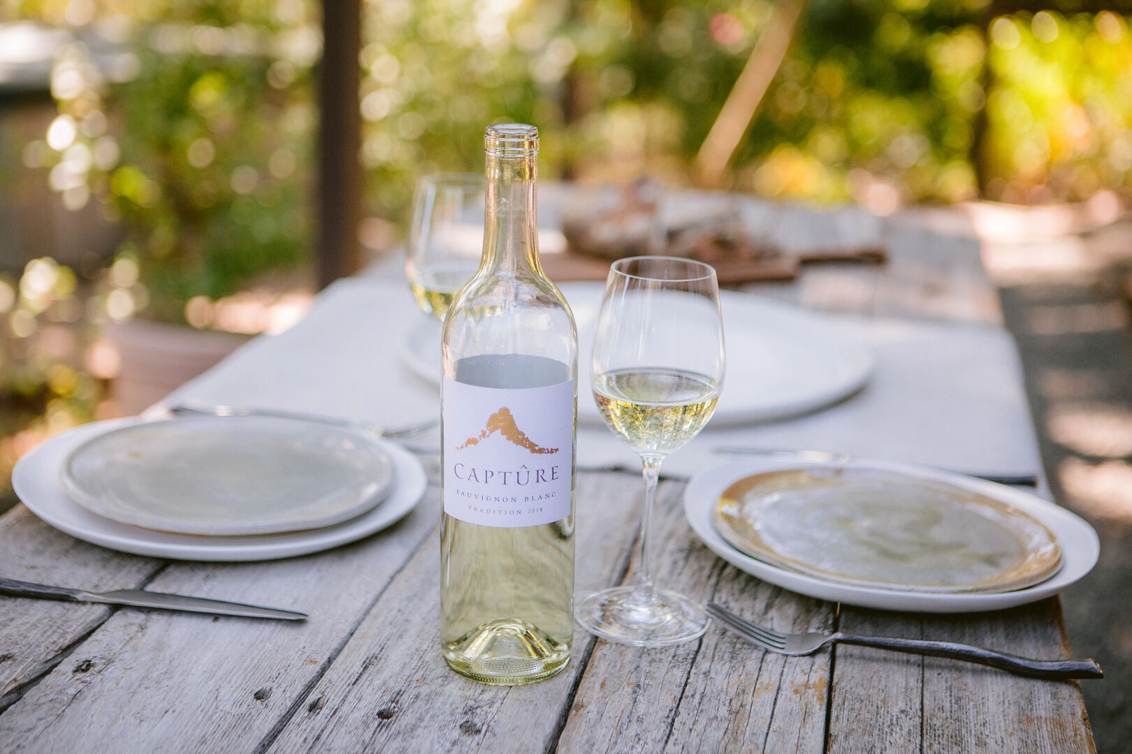 Bottle of capture wine on picnic table