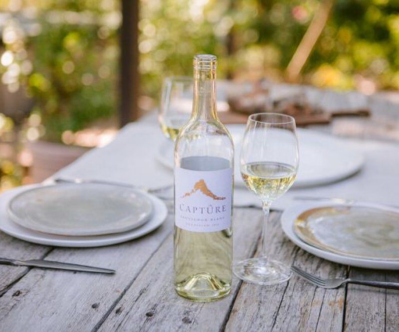 Bottle of capture wine on picnic table