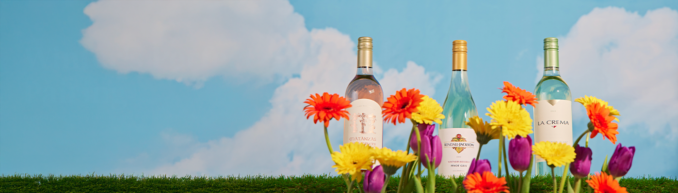 rose, chardonnay, sauvignon blanc with spring flowers