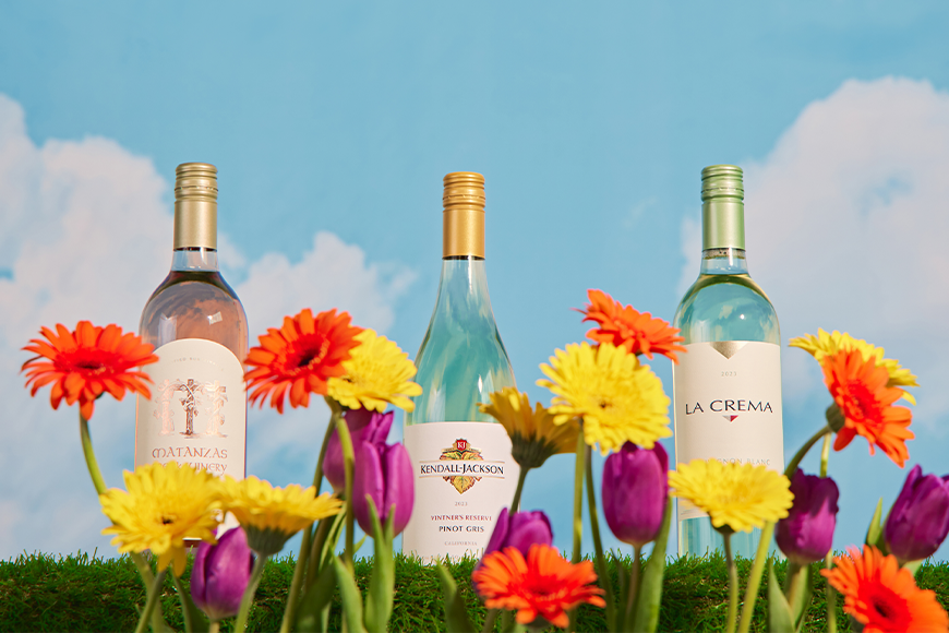 spring shop blooming flowers with rose, chardonnay, and sauvignon blanc