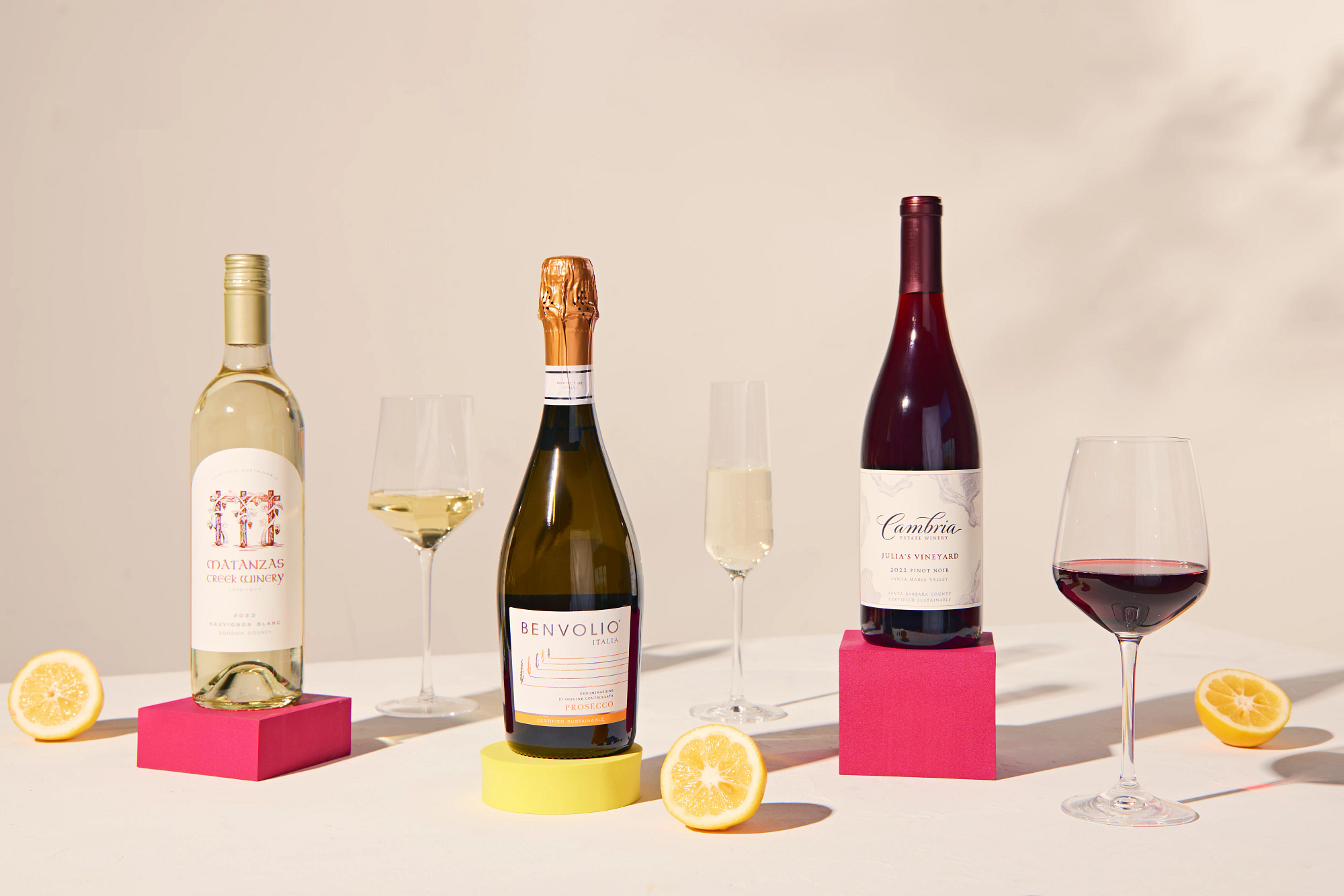 A lineup of three different wines